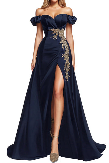 Petites manches bouffantes scintillantes Bleu marine Perlé Satin Une ligne Robe formelle avec fente